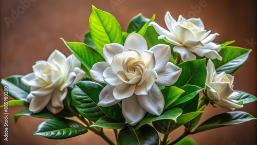 Vibrant white Gardenia carinata Wallich flowers with glossy dark green leaves and strong sweet fragrance isolated on a soft brown background. photo