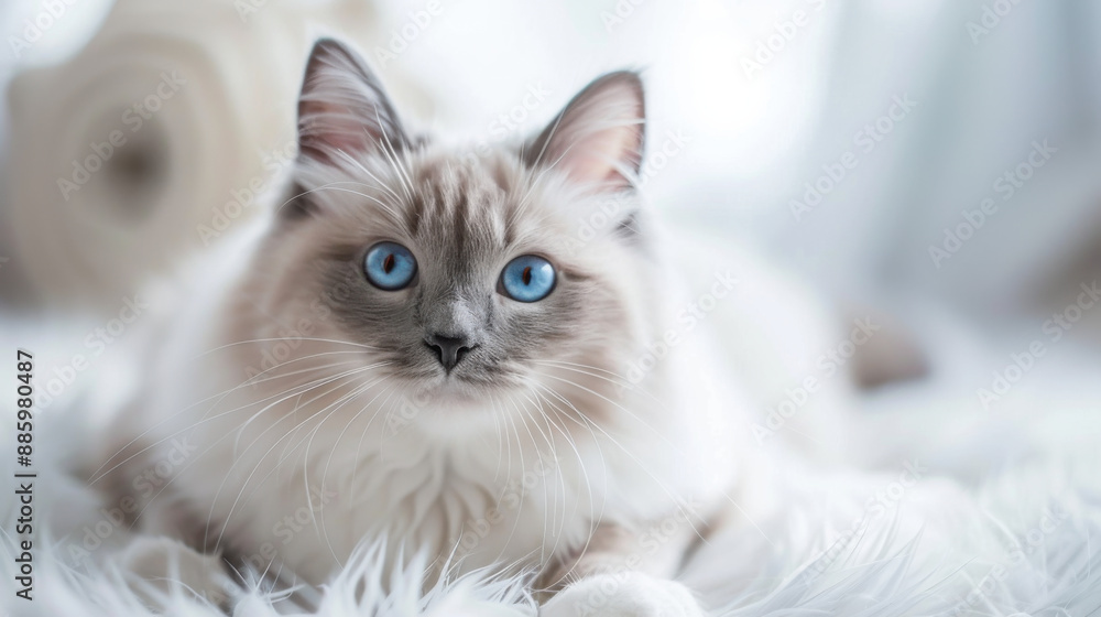 Cute Birman cat with white paws and blue eyes Cute Birman cat with white paws and blue eyes