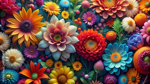 Fototapeta Naklejka Na Ścianę i Meble -  Vibrant colorful flowers bloom beautifully on a clean, smooth, ultra-clear 4k resolution 3d wallpaper background, showcasing intricate petals and details.