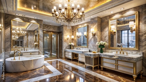 Opulent marble-clad bathroom with lavish chandelier, abundant mirrors, and sleek fixtures, evoking a sense of lavish pampering and indulgence.