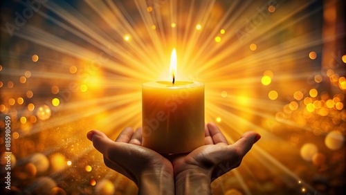 Flaming candle held by invisible hand, warm golden light illuminates surrounding darkness, symbolizing hope and serenity in turbulent times. photo