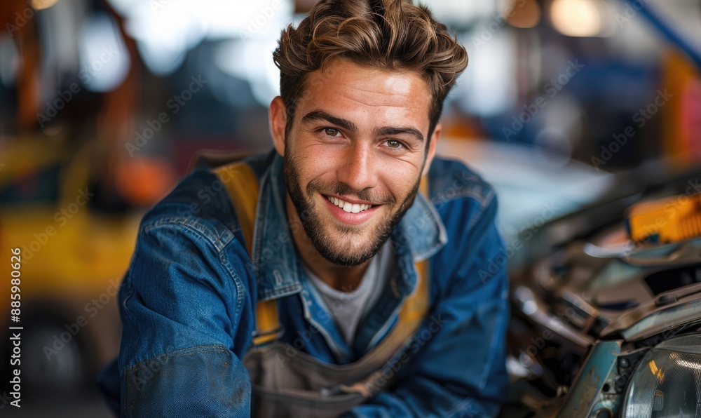 Young Happy Car Mechanic Working on a Car in a Garage Young Happy Car Mechanic Working on a Car in a Garage