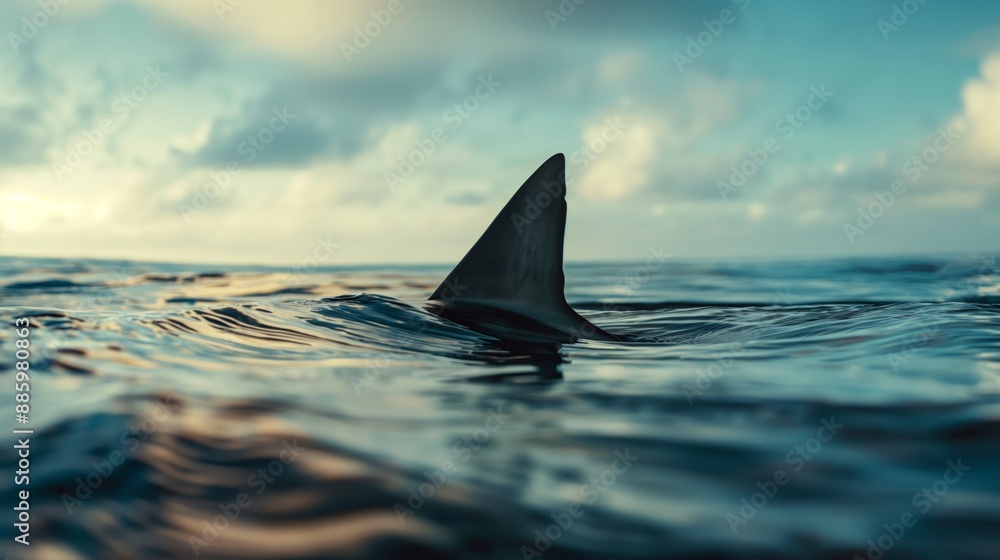 Fototapeta premium Shark fin breaking the surface of ocean water at sunset.