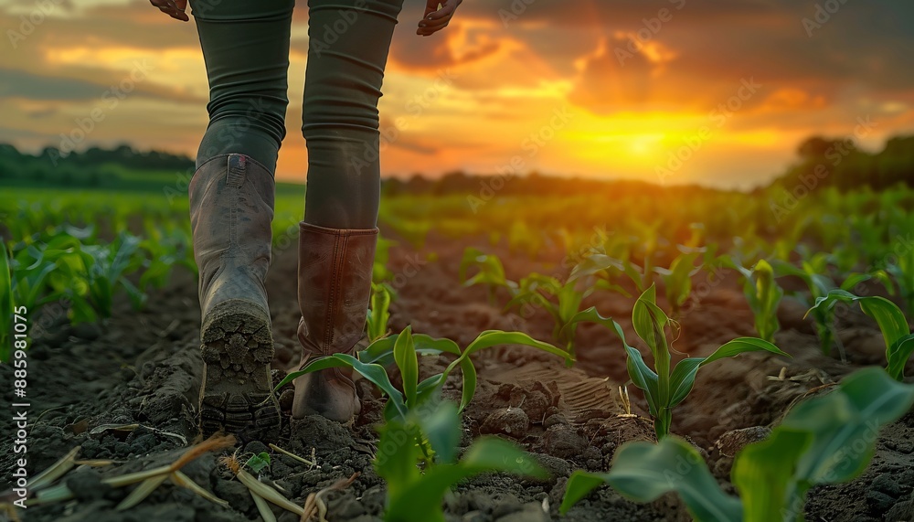 Farmer walking in corn field at sunset. Farmer walking in corn field at sunset.