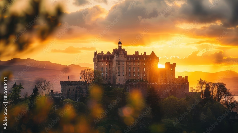 Majestic castle illuminated by a vibrant sunset, with mountains in the background and a picturesque landscape. Majestic castle illuminated by a vibrant sunset, with mountains in the background and a picturesque landscape.