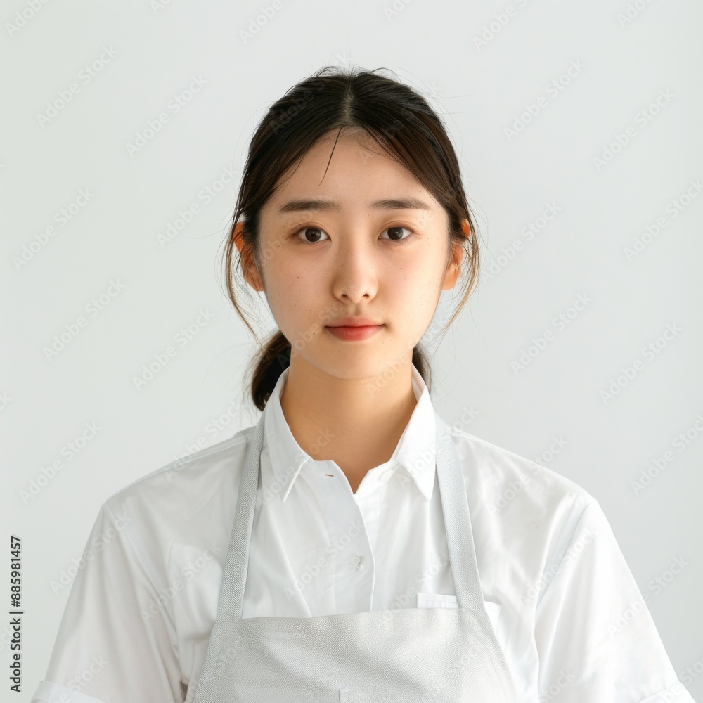 japanese woma,wearing natural white apron and white shirts,tied hair, friendly,natural expression japanese woma,wearing natural white apron and white shirts,tied hair, friendly,natural expression