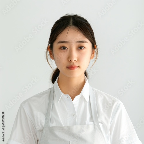 japanese woma,wearing natural white apron and white shirts,tied hair, friendly,natural expression