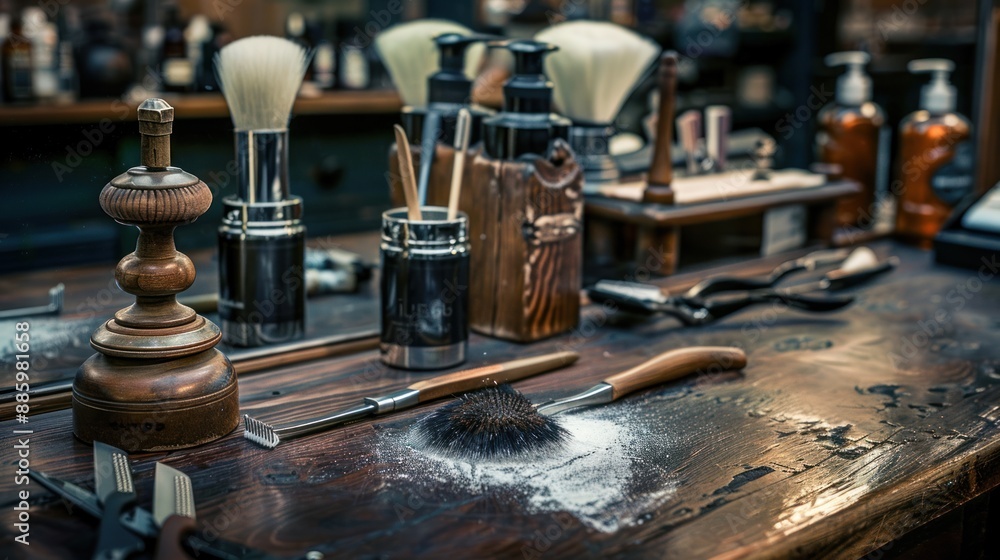 Barbershop Tools on Wooden Counter Barbershop Tools on Wooden Counter