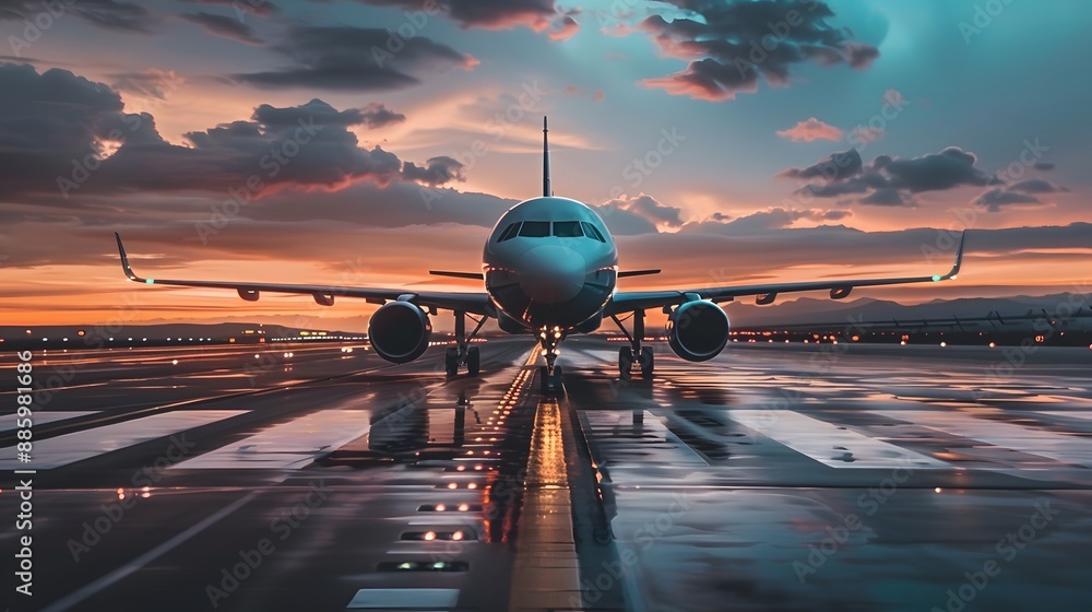 airplane ready to take off, airport runway in the evening, ready for airplane landing or taking off airplane ready to take off, airport runway in the evening, ready for airplane landing or taking off