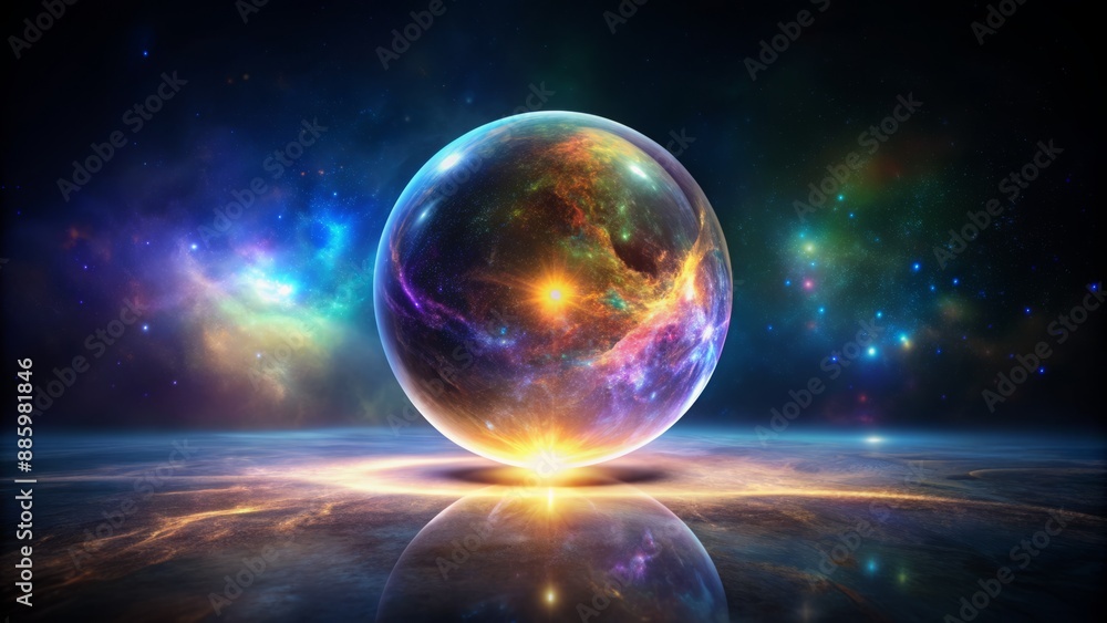 Vibrant, glowing, transparent, mystical, celestial, spherical entity floats ominously against a dark, empty, mysterious, starless, velvet-black background, exuding eeriness. Vibrant, glowing, transparent, mystical, celestial, spherical entity floats ominously against a dark, empty, mysterious, starless, velvet-black background, exuding eeriness.