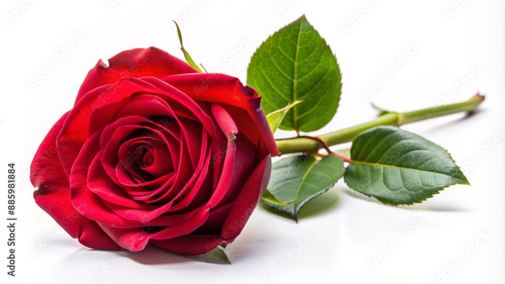 Isolated beautifully bloomed single red rose with delicate petals and green stem against pure white studio background perfectly lit. Isolated beautifully bloomed single red rose with delicate petals and green stem against pure white studio background perfectly lit.