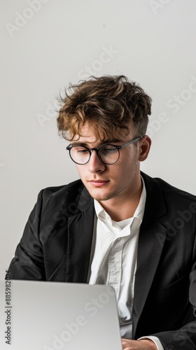 photo of a young man in his 30s in semi-formal clothing working on his notebook