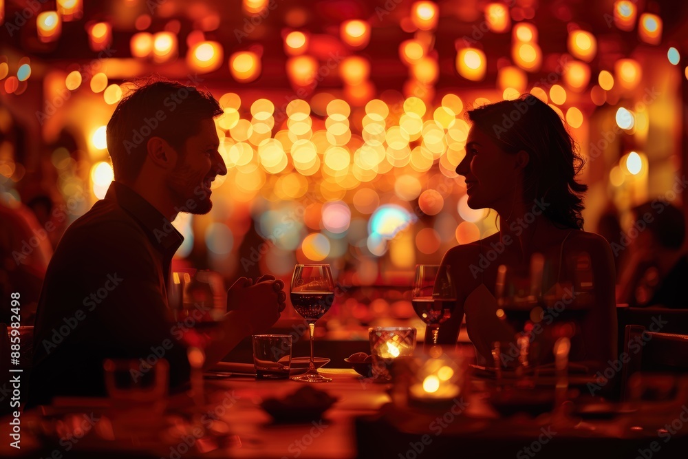 Romantic couple enjoying a candlelit dinner with warm lights in a cozy restaurant ambiance, perfect for special occasions or date nights. Romantic couple enjoying a candlelit dinner with warm lights in a cozy restaurant ambiance, perfect for special occasions or date nights.