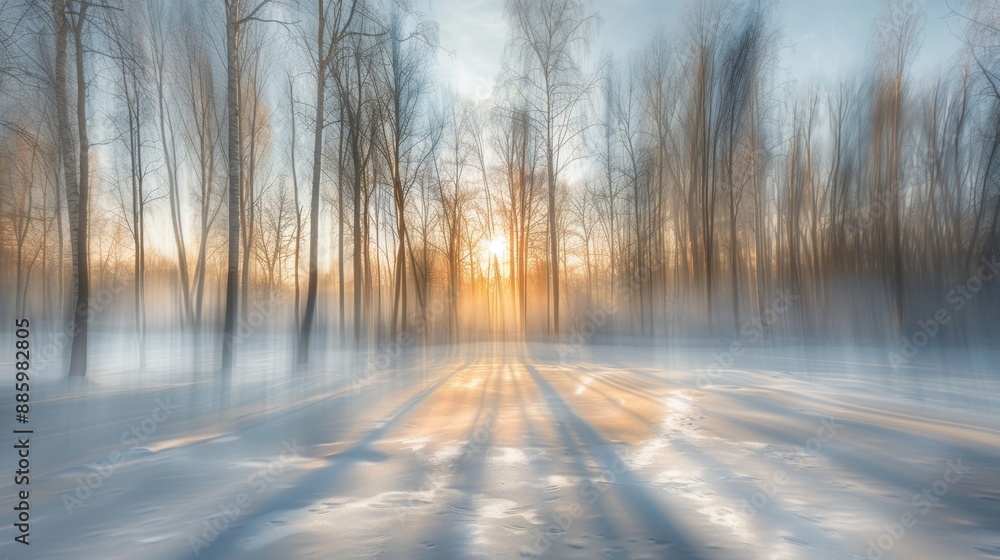 A beautiful winter sunrise casting long shadows through a forest covered in snow, creating a serene and mystical scene. A beautiful winter sunrise casting long shadows through a forest covered in snow, creating a serene and mystical scene.