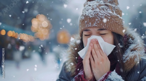 A young woman sneezes into a tissue while standing outdoors in snowy weather, with snowflakes falling around her. photo