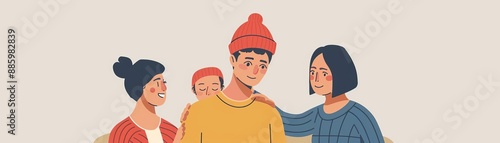 Emotional support, friends comforting cancer patient, flat design illustration