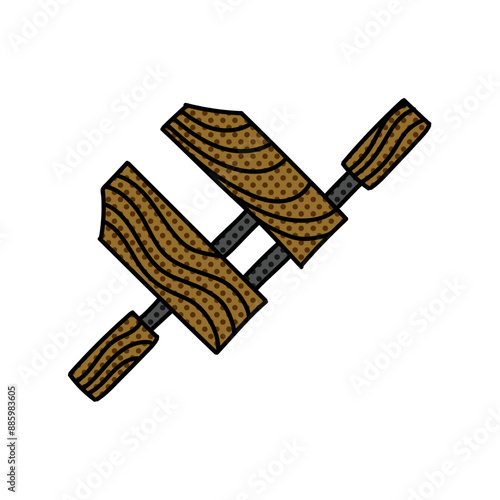 wooden wood clamp halftone hand drawn  color vector illustration