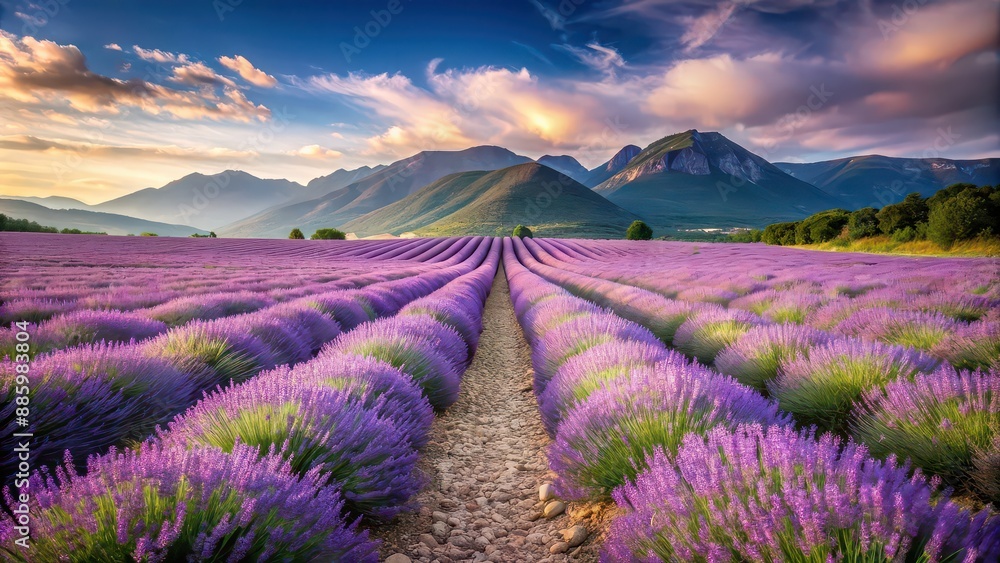 Lavender field with a path surrounded by mountains , lavender, field, path, rows, flowers, mountains, nature, landscape Lavender field with a path surrounded by mountains , lavender, field, path, rows, flowers, mountains, nature, landscape