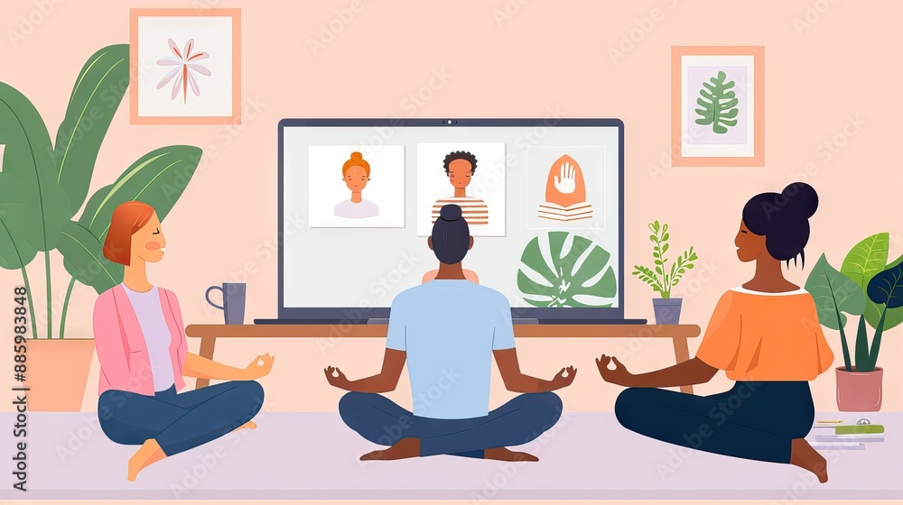 A virtual meeting with participants practicing guided meditation, promoting mindfulness and emotional well-being in remote work. Generative AI. A virtual meeting with participants practicing guided meditation, promoting mindfulness and emotional well-being in remote work. Generative AI.