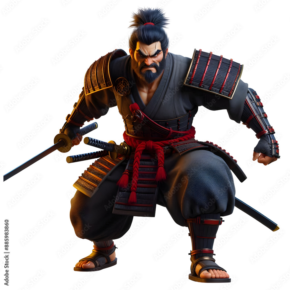 Fototapeta premium an angry looking full body samurai character, 3d rendering, isolated on transparent background