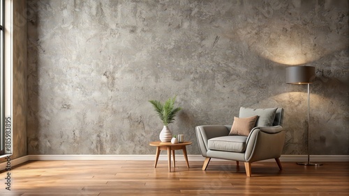 Warm toned concrete wall living room with a gray armchair on wooden flooring, concrete wall