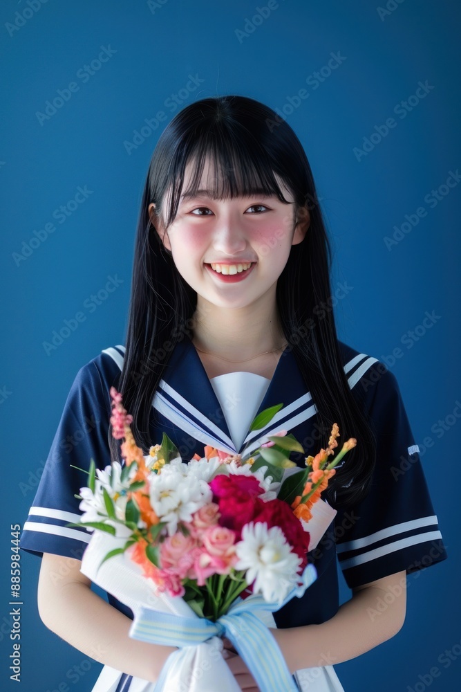 Smiling Girl in Sailor Uniform with Flower Bouquet Smiling Girl in Sailor Uniform with Flower Bouquet