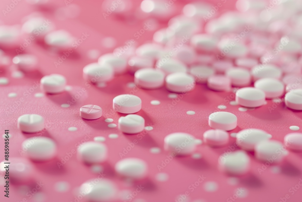 White pills scattered on pink surface.