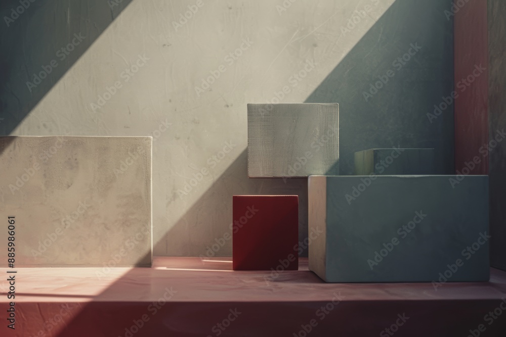 Moody still life of geometric blocks. Sunlight casts shadows, creating contrast. Minimalist composition with subtle colors. Moody still life of geometric blocks. Sunlight casts shadows, creating contrast. Minimalist composition with subtle colors.