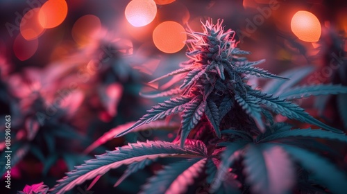 Cannabis Bud with Pink Lighting. Close-up of a cannabis bud illuminated by pink lighting, showcasing the intricate details and trichomes of the plant. photo