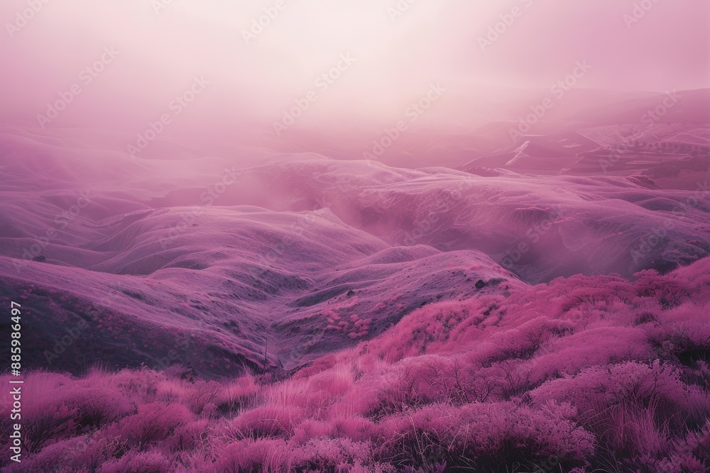 Surreal pink hills stretch to the horizon. Dreamy landscape bathed in rosy hues. Feels like another planet. Surreal pink hills stretch to the horizon. Dreamy landscape bathed in rosy hues. Feels like another planet.