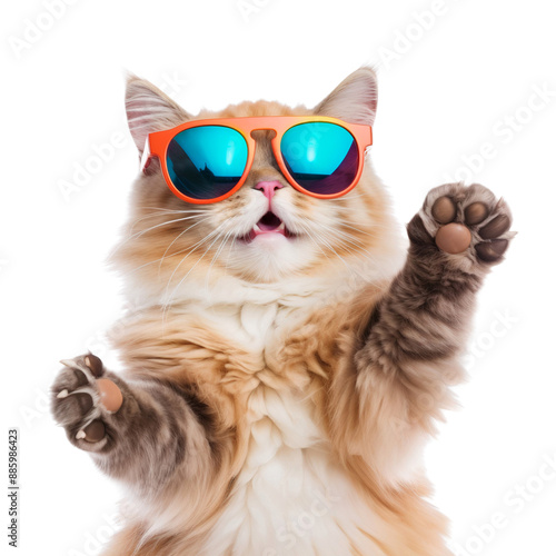 Funny cat wearing sunglasses isolated on white background