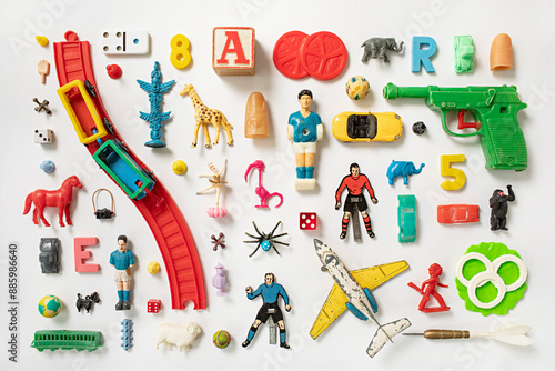 Flatlay of a colorful collection of vintage toys photo