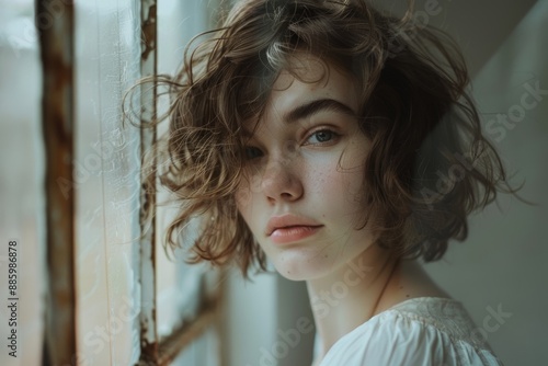 Messy-haired beauty with piercing eyes gazes pensively. Soft lighting highlights delicate features and freckles. photo