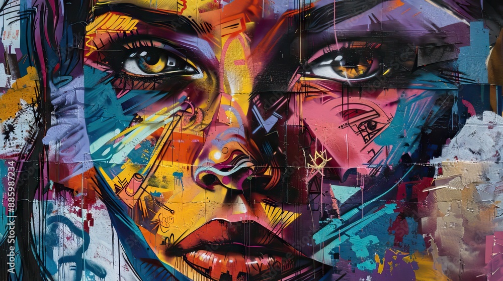 Naklejka premium A stunning street art mural with vibrant colors and intricate designs, showcasing urban creativity. Generative AI.