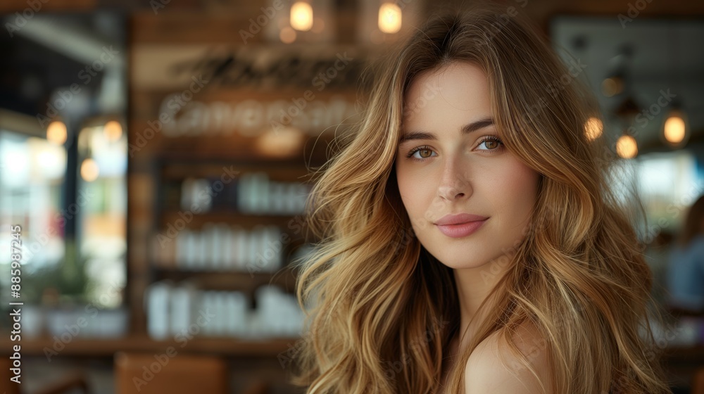Woman with Long Curls in Salon. Woman with long, luxurious curls is seated in a well-lit hair salon, her hair styled to showcase volume and shine.