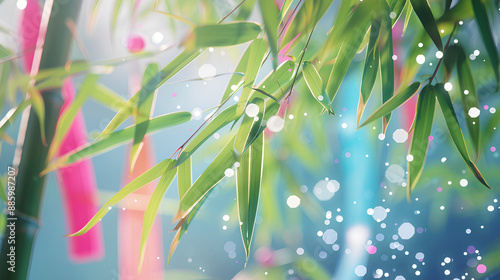 Tanabata bamboo leaves, paper strips, and sparkling background material photo