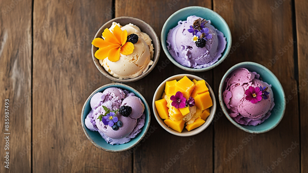 Bowls of Vanilla, Purple, and Yellow Ice Cream with Fresh Berries and Edible Flowers Bowls of Vanilla, Purple, and Yellow Ice Cream with Fresh Berries and Edible Flowers