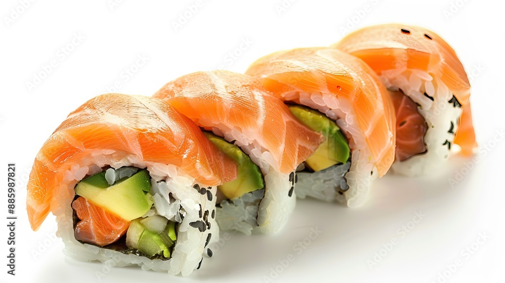 A piece of sushi with salmon and avocado on a white background, representing a fast food favorite. Generative AI. A piece of sushi with salmon and avocado on a white background, representing a fast food favorite. Generative AI.
