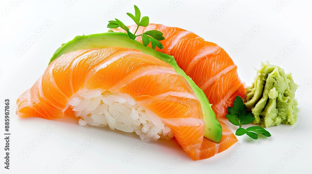 A piece of sushi with salmon and avocado on a white background, representing a fast food favorite. Generative AI. A piece of sushi with salmon and avocado on a white background, representing a fast food favorite. Generative AI.
