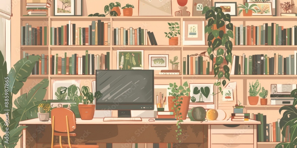 Cozy Home Office with Bookshelves and Plants Cozy Home Office with Bookshelves and Plants
