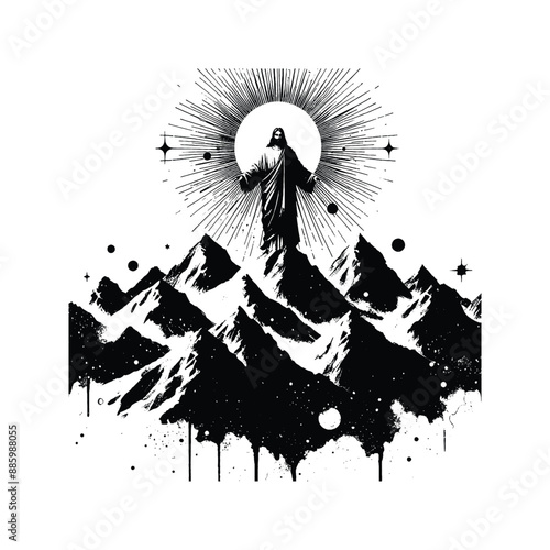 Celestial Mountains Create an image of Jesus atop majestic peaks