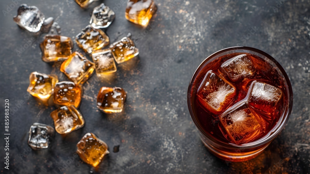 Top View of a Glass of Cola with Ice Cubes on a Dark Surface Top View of a Glass of Cola with Ice Cubes on a Dark Surface