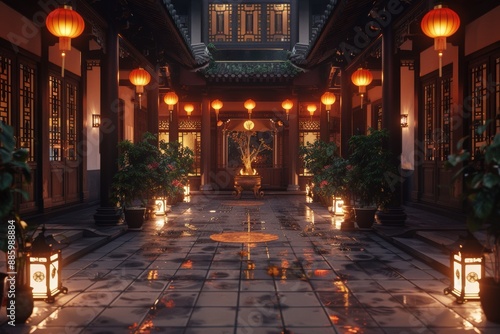 Wallpaper Mural Serene courtyard illuminated by traditional Chinese lanterns, creating a warm and inviting atmosphere during a tranquil evening. Torontodigital.ca