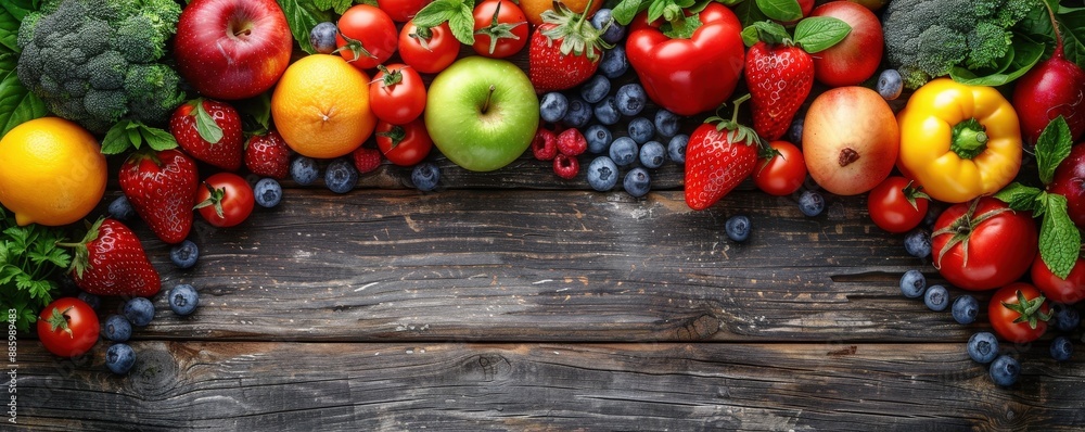 Fresh fruits and vegetables arranged on a rustic wooden table, featuring a variety of vibrant colors and textures in a healthy food concept. Fresh fruits and vegetables arranged on a rustic wooden table, featuring a variety of vibrant colors and textures in a healthy food concept.