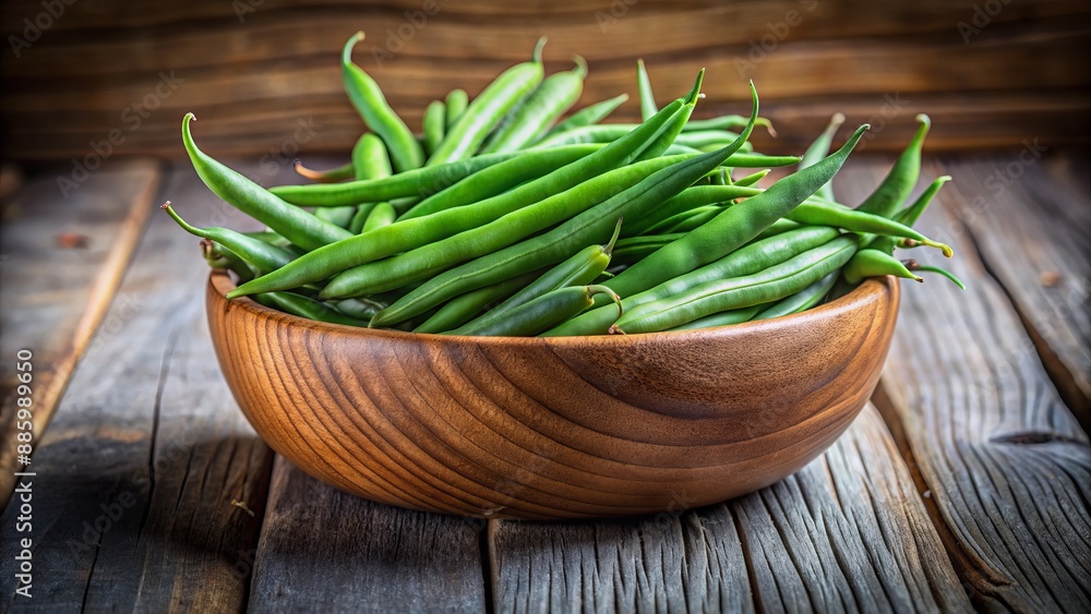 Fresh green beans elegantly arranged in a rustic wooden bowl on a clean, minimalist background, evoking a sense of healthy simplicity. Fresh green beans elegantly arranged in a rustic wooden bowl on a clean, minimalist background, evoking a sense of healthy simplicity.