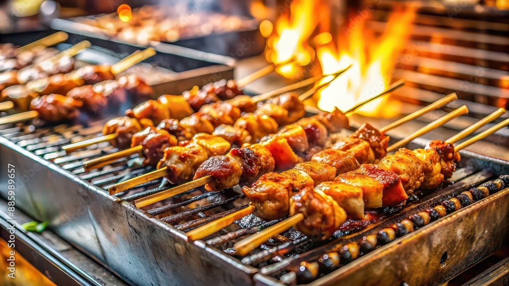 Sizzling yakitori skewers over charcoal at a Japanese street food stall , Japanese, street food, yakitori, skewers Sizzling yakitori skewers over charcoal at a Japanese street food stall , Japanese, street food, yakitori, skewers