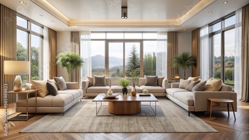 Elegant neutral-toned living room with sleek furniture  minimal decor  and expansive windows bathing the space in natural soft light.
