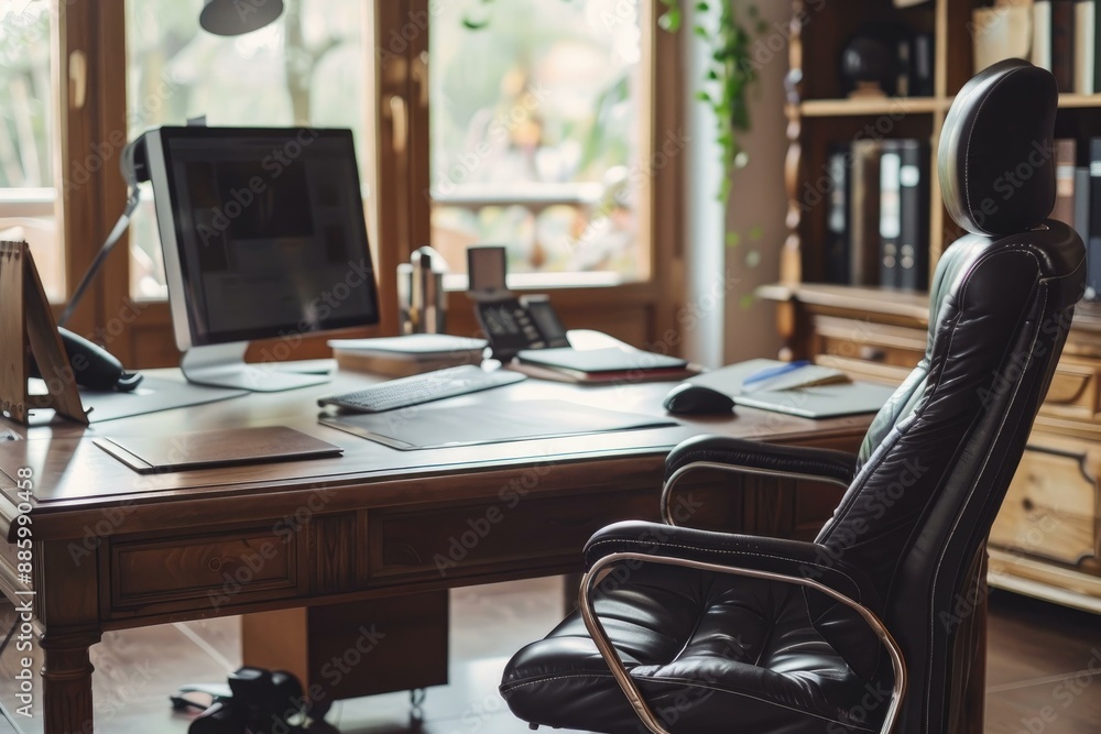 Empty leather office chair is waiting for its owner to return and continue working Empty leather office chair is waiting for its owner to return and continue working