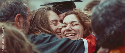 A group of people happily hugging and celebrating, with one person wearing a graduation cap