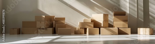 A collection of cardboard boxes of various sizes stacked against a wall in a sunlit room, casting long shadows on the floor